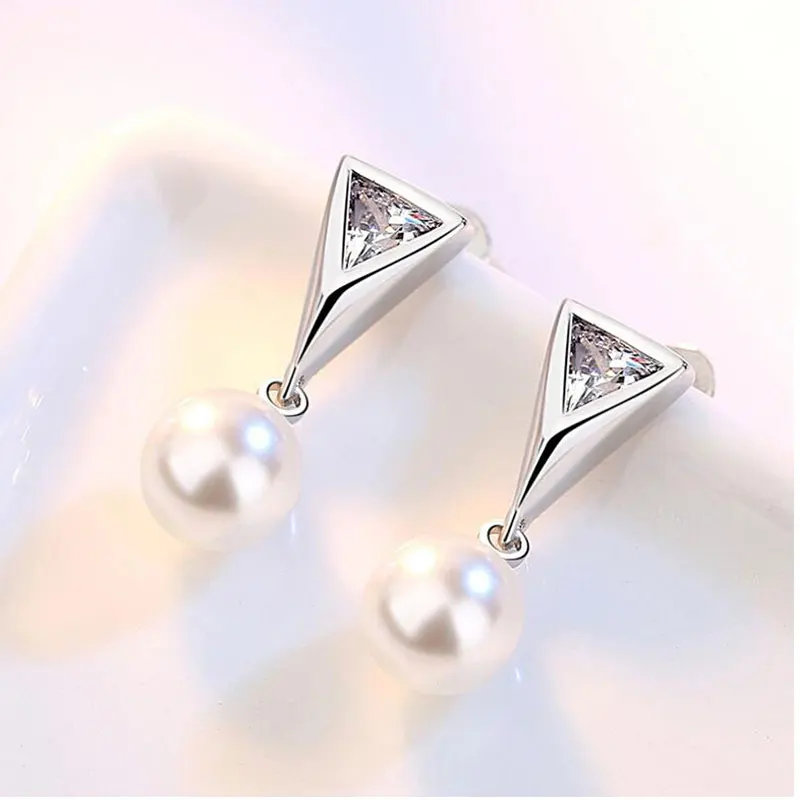 

925 Sterling Silver Geometric Triangle Zircon Wedding Earrings For Bridal Engagement Pearl Jewelry Accessories S-E244