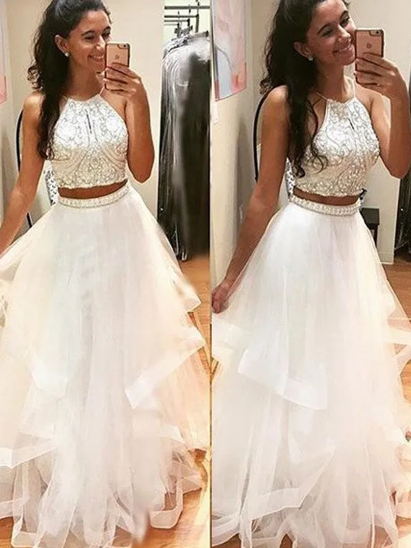 

Prom Dress A-Line/Princess Sleeveless Halter Floor-Length Beading Tulle Dresses for Party