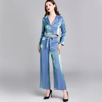 

Pajamas Suit Satin V-Neck 2PC Sleep Set Women Sexy Lounge Turn-down Collar Nightwear Shirt Pants With Belt Pijamas Robe Nighties