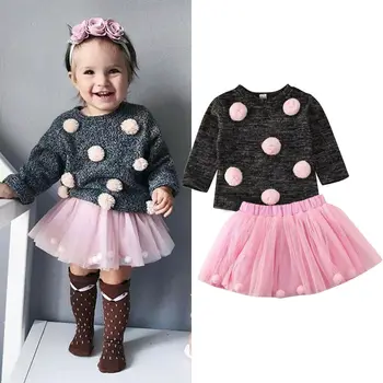 

2020 Toddler Baby Girls Autumn Winter Clothes Sets Balls Solid Pullover Sweater Tops+Tulle Skirt Outfits 6M-4Y