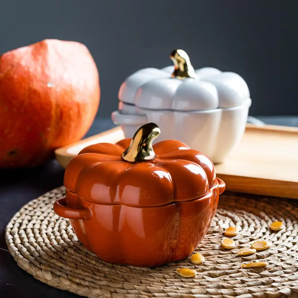 Pumpkin Shape Baking Bowl With Lid Glaze Au Gratin Soup Salad Kitchen Bakeware Oven Party Pan Tool |