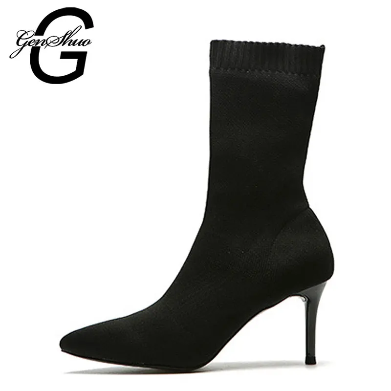 

GENSHUO Women Sock Boots Pointed Toe Elastic High Slip On Heel High Ankle Pumps Stiletto Botas Mujer High Boots Zapatos Mujer