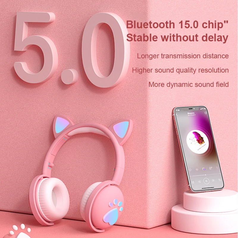 7 1 Stereo Cute Cat Bluetooth Wireless Pink Headphone With Microphone Flashing Light Noise Cancel Earphone Music Girls Kid Gifts