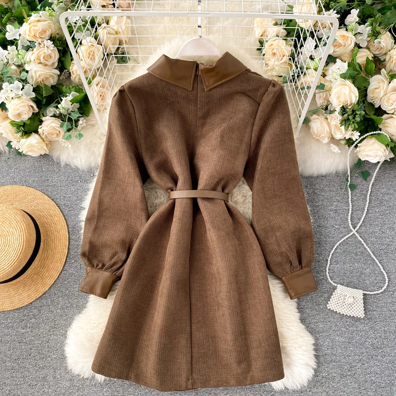 Women Dress 2020 Autumn Winter Korean Clohtes with Waist Bag Vintage Elegant Casual Long Sleeve Solid A-Line Black Short Dress