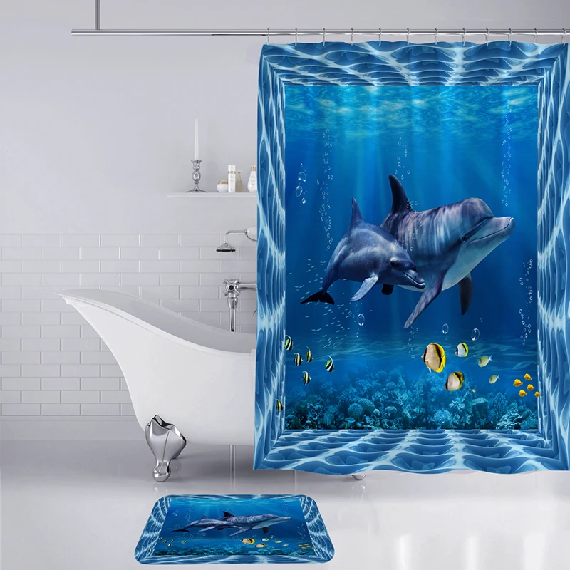 Ocean Dolphin Deep Sea Polyester Shower Curtain Bathroom Waterproof With 12 Hooks Bath Mat Set