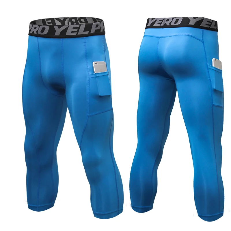 Sports Leggings Men Sport 3/4 Running Pants Mobile Pocket Capris Running Tights Gym Fitness Training Leggings Slim Cropped Trousers Custom