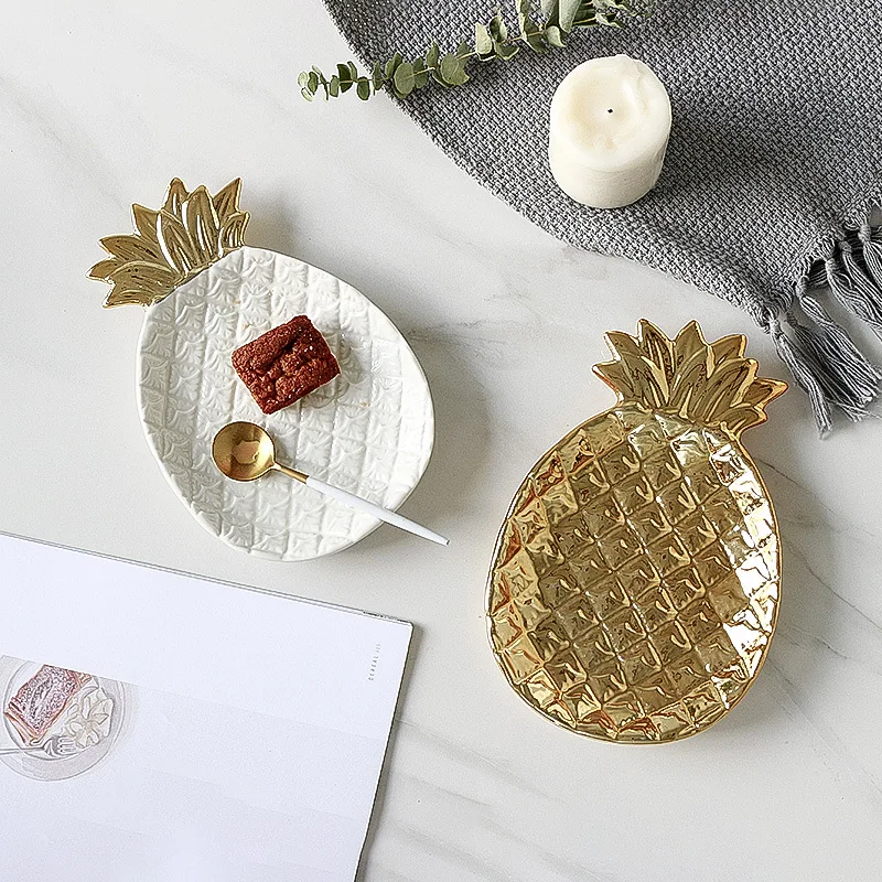 Золотой лист ананаса лоток для хранения ювелирных изделий керамическая тарелка