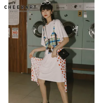 

CHEERART Summer Patchwork Polka Dot T Shirt Dress Women White Knee Length White Plaid Casual Dress 2020 Clothing
