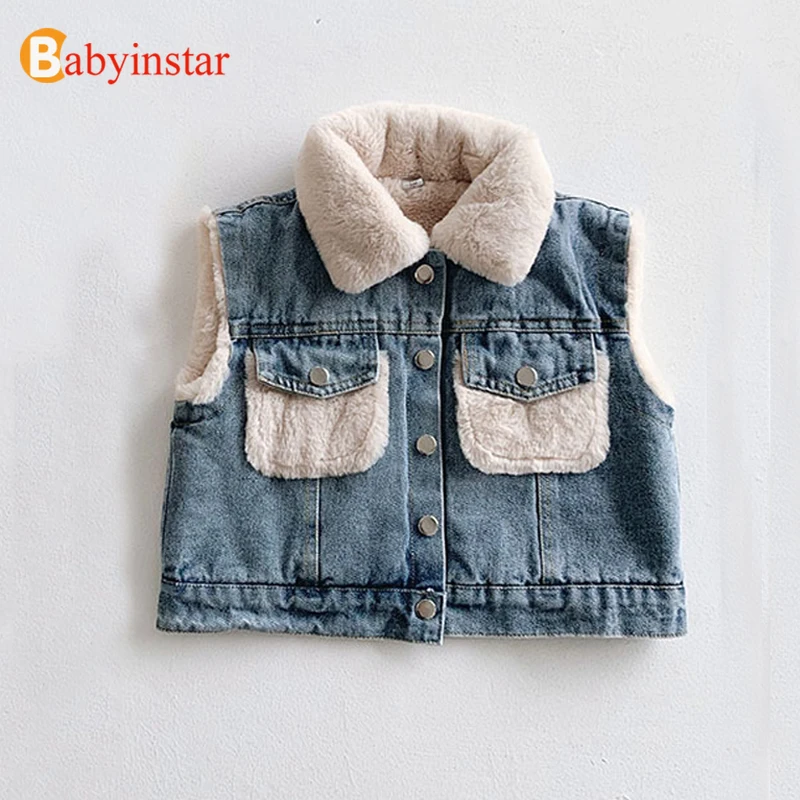 Джинсовый жилет Babyinstar Boutique одежда для маленьких девочек зимний меховой теплый