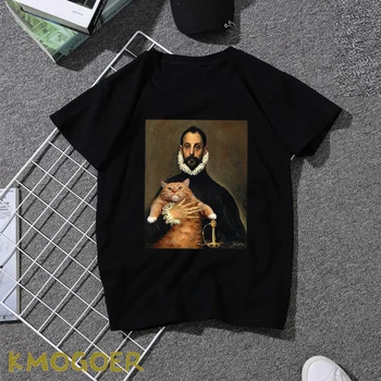 

Black 100% Cotton Men Tshirt Michelangelo and Cat Oil Painting Male Summer Loose Funny T-shirt Tee Shirt Men Print T Shirt