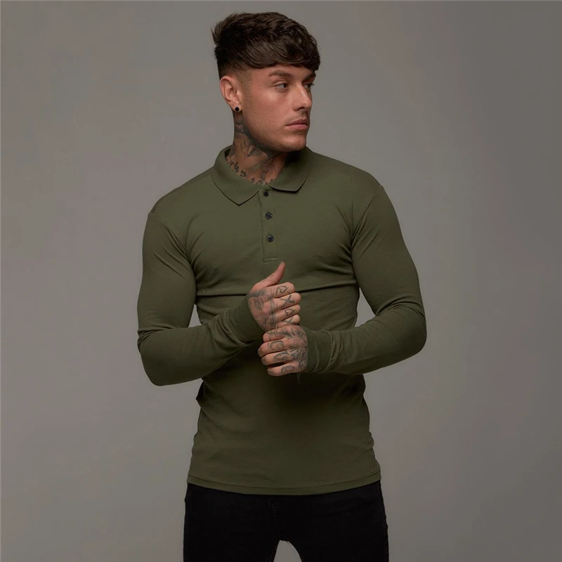 Mens Polo-Shirts Slim-Fit Running Long Sleeve T-shirt Man Cotton Sports Brand Fitness Tshirt Autumn Breathable Gym Polo Shirt - Цвет: Армейский зеленый