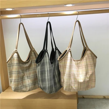 

Women Plaid Tote Bags Large Capacity Simple Canvas Shoulder Bag For Shopping Travel Ladies Vintage Casual Designer Handbag
