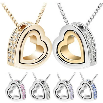 2021 New Quality Austrian crystal AAAA+ rhinestone double Heart Pendant Sweater chain Necklace charm women fashion jewelry
