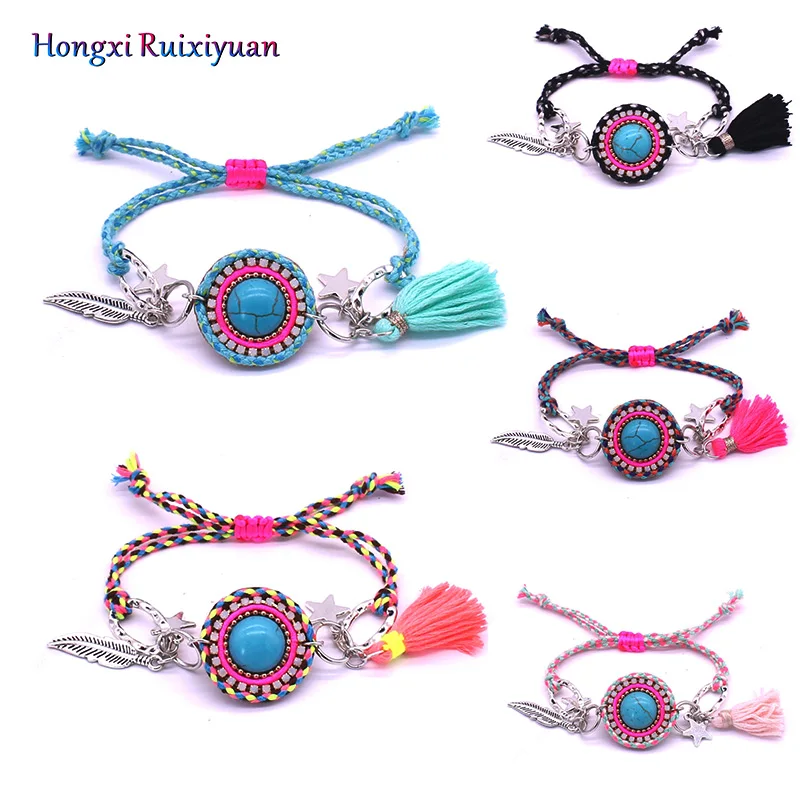 

Fashion Bracelet Alloy Feather Star Round Bracelet Bohemian Style Ms. Bracelet Glamour Color Rope Handmade Activity Knot Jewelry