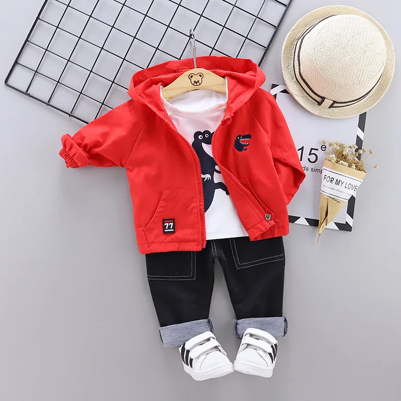 fashion baby boy clothing dinosaur pattern 3pieces set Jacket t-shirt pants fall clothes for toddler children hooded coat - Цвет: Red No shoes