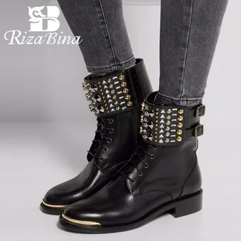 

RIZABINA Women Ankle Boots Crystal Buckle Punk Rivets Motorcycle Boots Round Toe Autumn Winter Women Footwear Plus Size 34-46