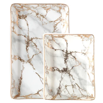 

2 Pcs Marble Tray Ceramic Jewelry Storage Tray Dinner Set Gold Porcelain Dessert Plate Steak Fruit Snack Food Plate Decoration