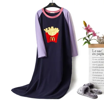 

2020 Spring Autumn Hamburg Nightdress Female Cotton Long-sleeved Loose Contrast Color Stitching Cute Korean Version Home Service
