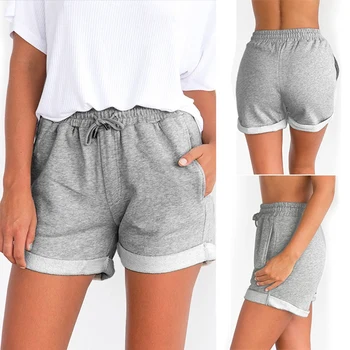 

Women Pants Casual Loose Shorts Beach High Waist Short Trousers Drawstring Rope Crimping Sports Shorts
