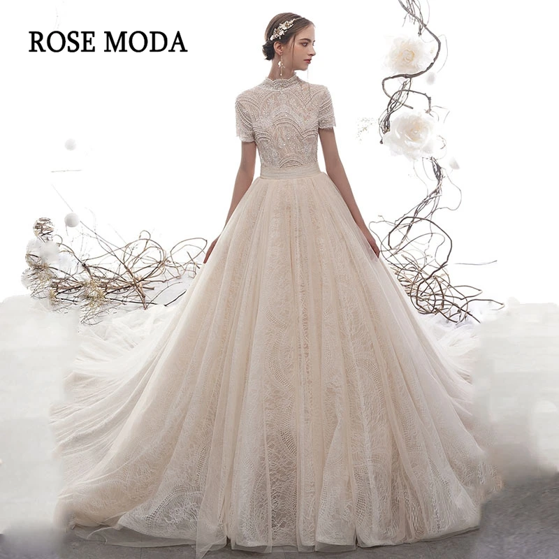 Розовое Платье Moda с высоким вырезом и короткими рукавами кружевное свадебное