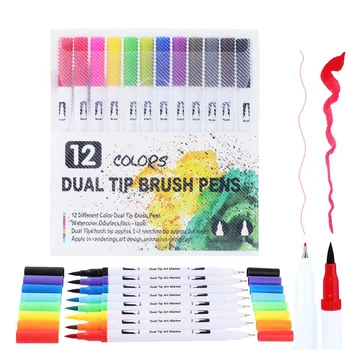 

12 Colors Marker Pen Set Water Color Pen Brush Markers Dual Tip Fineliner Drawing for Bullet Journal Art Markers Colors Pens