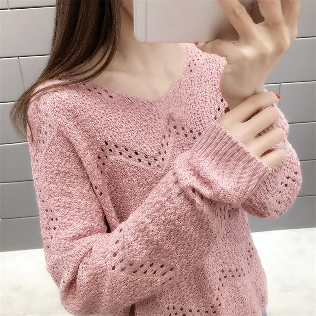 Jaycosin Fashion Women Casual Simple Long Sleeve Knitting V-Neck Sweater Stylish Comfortable Bottoming Hollowed Out Sweater