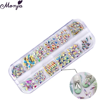 

Monja 12 Grids/Box 3D Charm Colorful Nail Art AB Flat Rhinestones Multi-size Mixed Shape Crystal Jewelry DIY Manicure Decoration