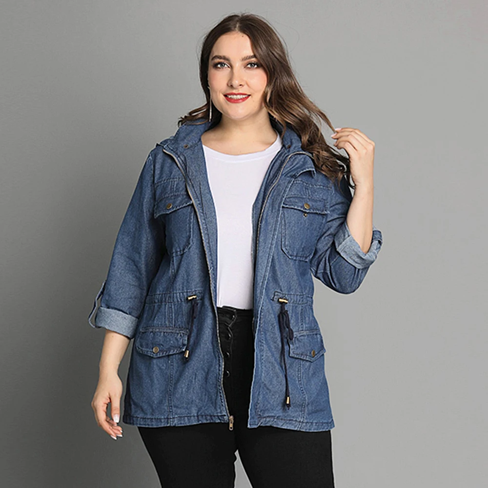 

Plus Size Women Denim Jacket Outfit Fashion Hooded Pocket Zipper Ladies Coat And Jacket Large Size 2020 Spring Outerwear Top D40