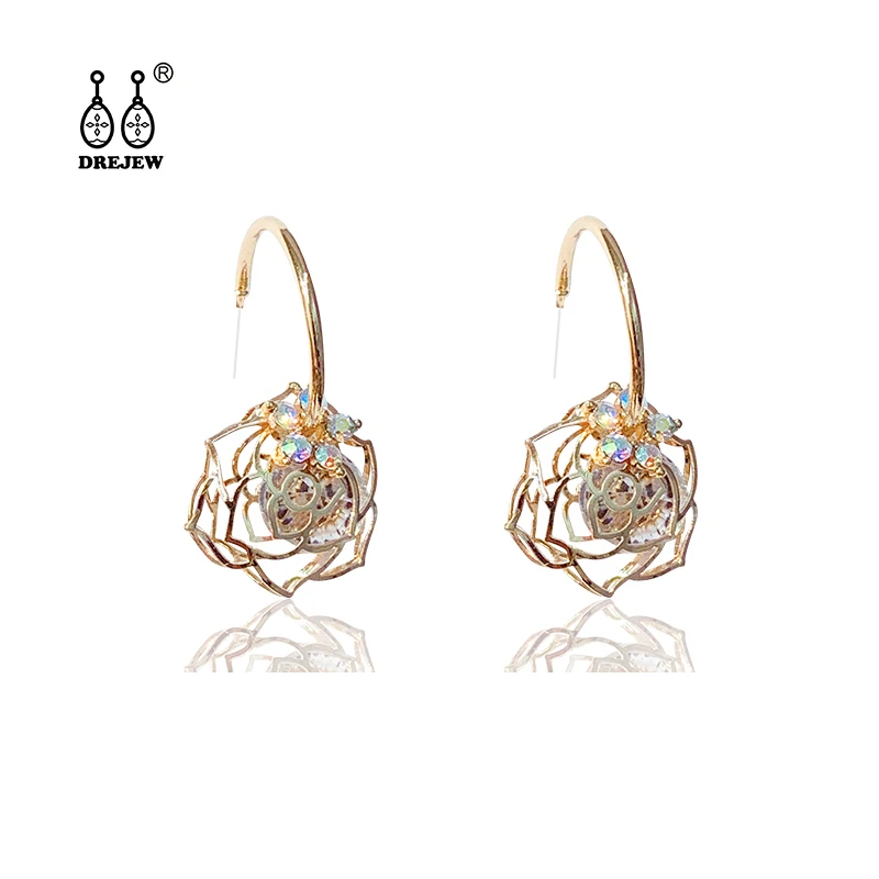 

DREJEW Openwork Rose Zircon Flower Statement Earrings 925 Gold Silver Crystal Needle Stud Earrings Sets for Women Jewelry HE7011