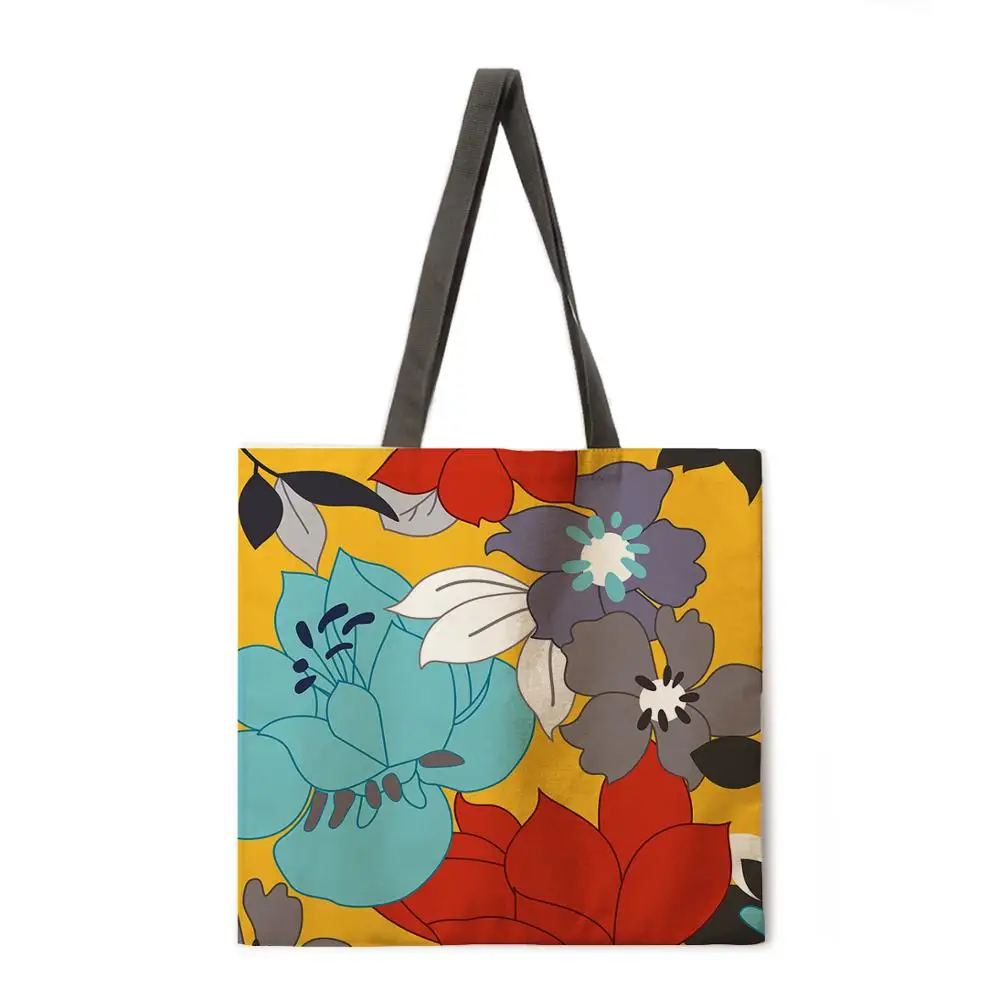 

Flower and bird pattern printing tote bag linen fabric bag casual folding shopping bag outdoor beach bag everyday handbag