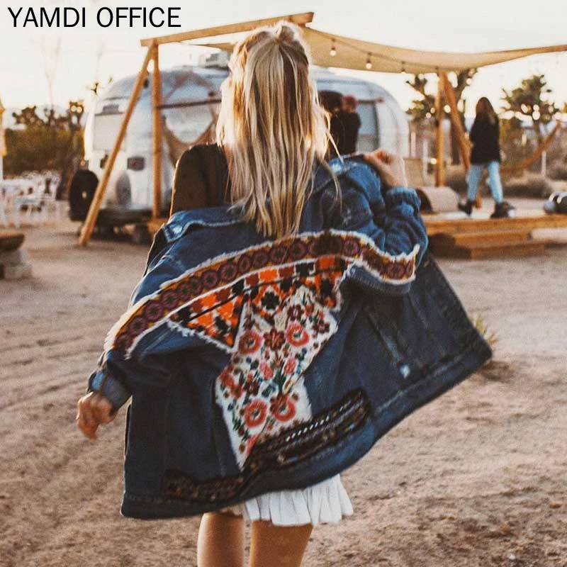 YAMDI Женская осенне зимняя куртка 2019 винтажная богемная джинсовая вышивка женская