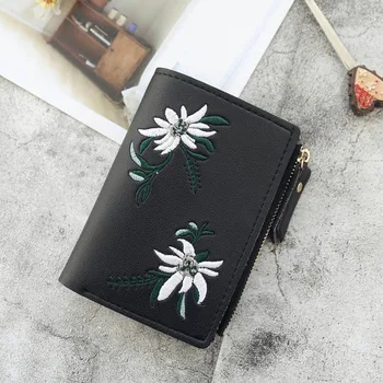 

Purse Flower Card Holder Embroidery Wallet Print Leather Short Cash Pocket