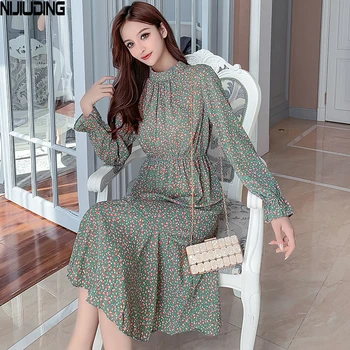 

NIJIUDING Women's Chiffon Dress Vintage Floral Printed Long Sleeve A-line Elastic Waist Casual Dress Female Boho Vestidos Summer