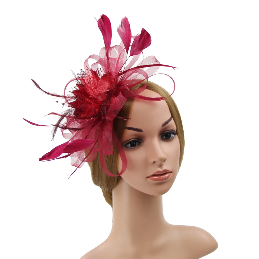 Девушки Коктейльные ленты лёгкая кружевная накидка для волос клип Свадебные повязки Модные женские Искусственные перья Чай Вечерние цветок форма шляпа сетка - Цвет: Бордовый