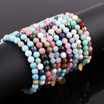 New Fashion 6mm Mix Natural Stone Beaded CZ Pave Ball Charm Elastic Beads Bracelet For Women Jewelry Gift
