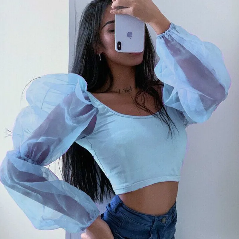 Women Summer Sexy Mesh Puff Long Sleeve 