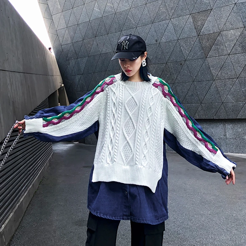 Johnature Streetwear Sweater Splicing Shirt Autumn Women Clothes New O-neck Loose Lantern Sleeve Fake Two Piece Womens Tops