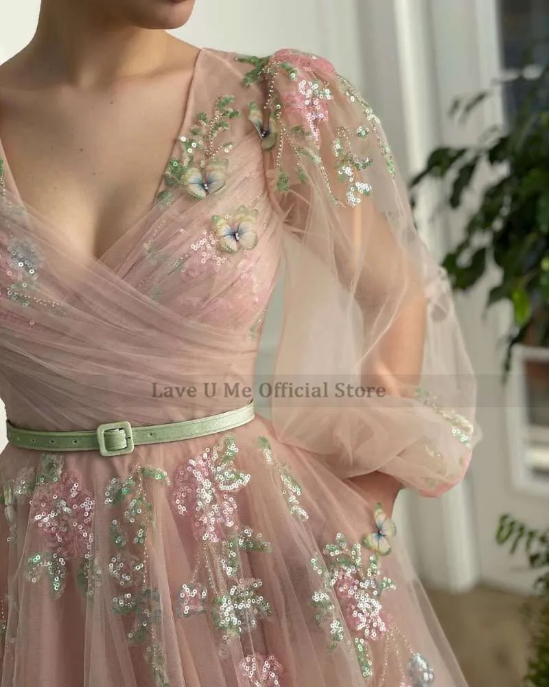 Pink Vintage Long Prom Dresses 2021 Lace Sequined Puff Sleeve Women Formal Evening Gowns Green Belt Robe de Soriee pretty prom dresses