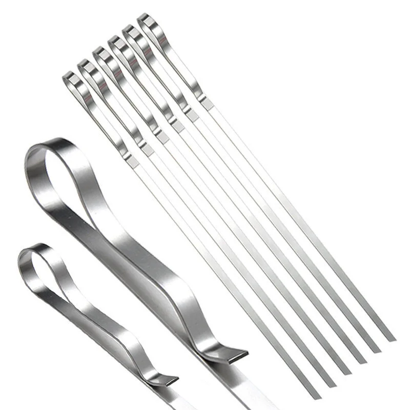 6-10pcs Long Stainless Steel Shish Kebob Skewers Wide Reusable Grilling Fork Set for Meat Shrimp Chicken Vegetable 16.8" 42cm