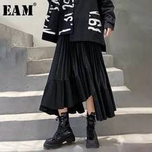 [EAM] высокая эластичная талия черная Асимметричная плиссированная темпераментная юбка средней длины женская модная новинка весна осень 1N803