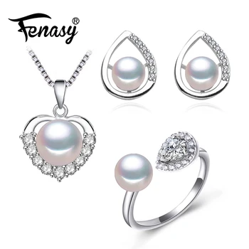 

FENASY Natural Pearl Jewelry Sets Silver Color Stud Earrings Trendy Party Heart Pendant Chain Necklaces For Women Cute Ring