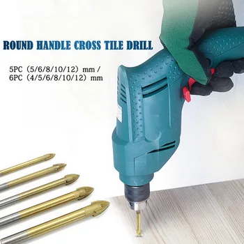 

6PCS Industrial Grade Round Handle Cross Tile Drill Bit Titanium Plated Triangular Drill Bit Glass Ceramic Wall Opening Hole Eye