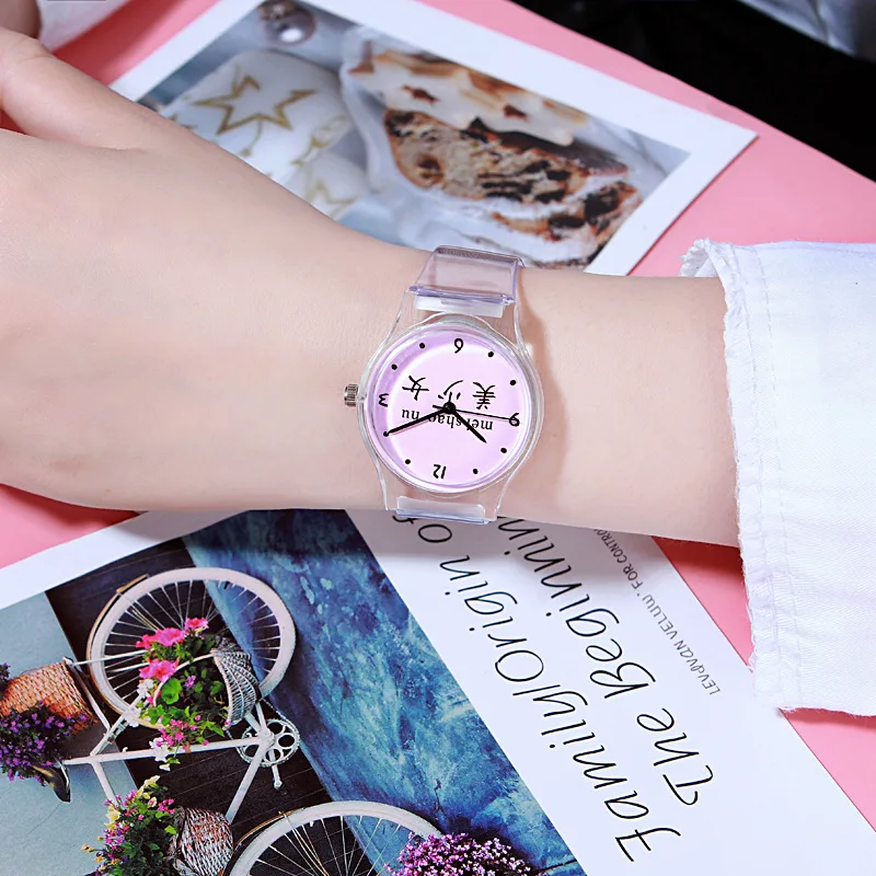 

Simple Fashion Cute Watch Women's Students Transparent Watch Strap Watch Hipster Pink GIRL'S Heart Quartz Watch