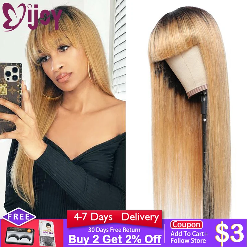 Omber Honey Blonde Brazilian Straight Human Hair Wigs With Bangs Non-Remy Full Machine Made Wig For Black Women IJOY