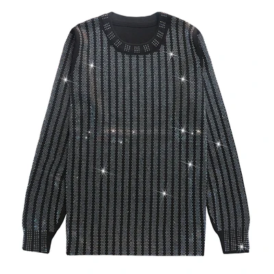 Модный уличная роскошный блестящий горячий тяжелый сверлильный полосатый вязаный женский свитер Пуловеры Черный топ с длинными рукавами Femme