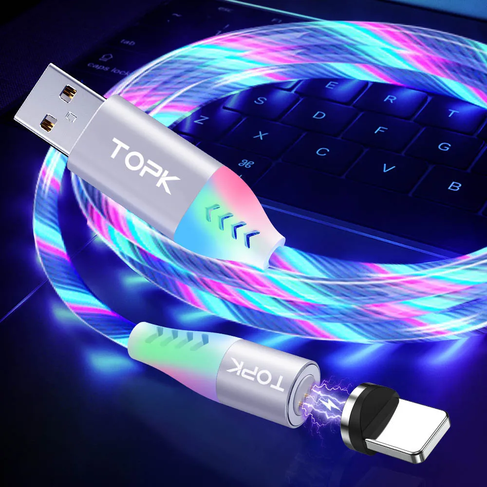 TOPK 3A течёт светильник светодиодный магнитный кабель Micro usb type C кабель передачи данных для быстрой зарядки для iPhone samsung USB-C Кабели для телефонов - Цвет: multicolour