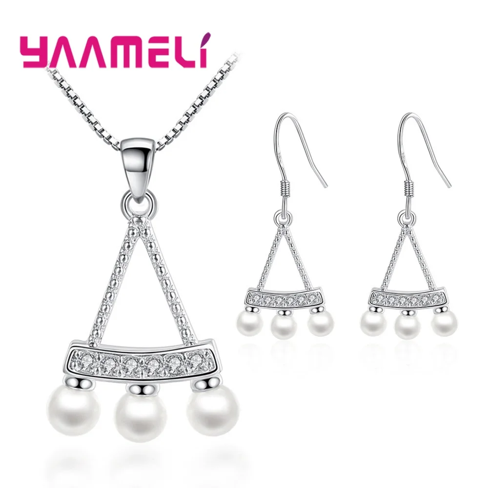 

Vintage Fine 925 Sterling Silver Bridal Wedding Jewelry Sets for Women CZ/Pearl Swing Dangle Drop Earrings Pendant Necklaces