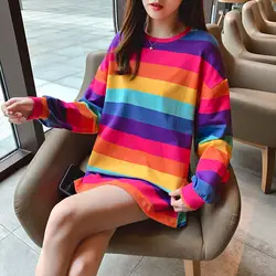 Пуловер с капюшоном, свободный крой, CEC, Осень-зима-весна 2019, в полоску, для студентов, корейский стиль, тонкий, в студенческом стиле, для