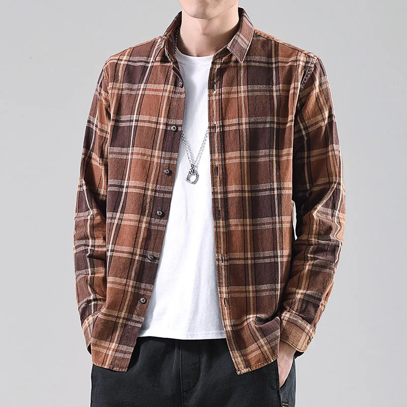 

Autumn Men Plaid Shirt Long Sleeve Vintage Regular Cotton Shirts Casual Fashion Streetwear Male Camisa Clothing 3 Colors S-3XL