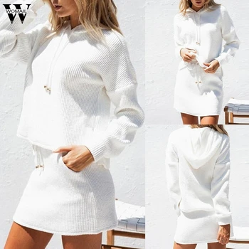 

Womail Tracksuit Spring Autumn Two Piece Skirt Set Women Hooded Long Sleeve Sweatshirt Crop Top Mini Skirt club white Outfits